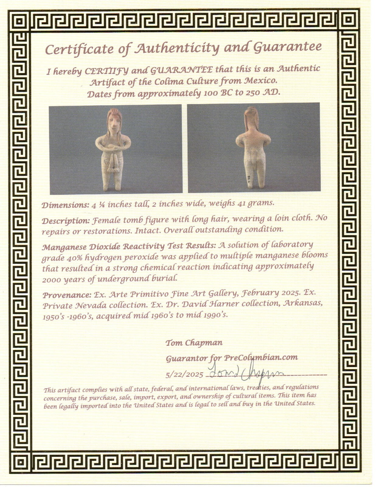 Pre Columbian Artifact Authentic Tomb Figure Colima Mexico 100 BC-250 AD COA 178