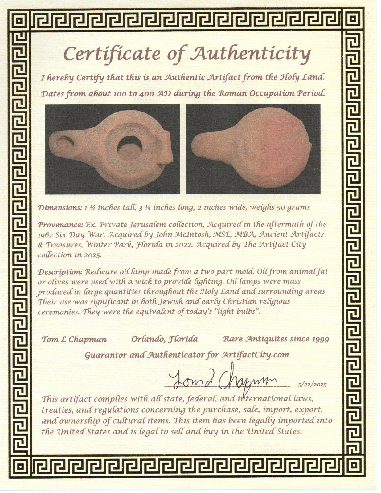 Ancient Holy Land Oil Lamp Artifact Jesus Christ Homeland 100-400 AD COA J105