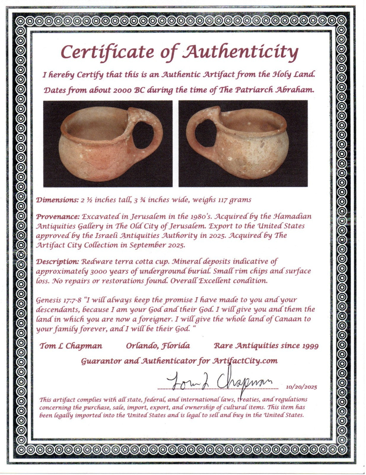 Ancient Holy Land Artifact Time Of Abraham Cup Jesus Christ Home 2000 BC COA 23