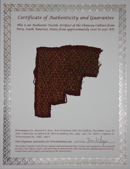 Authentic Pre Columbian Artifact Frameable Textile Border Chancay Peru COA 19