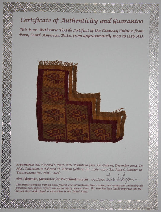 Authentic Pre Columbian Artifact Frameable Textile Border Chancay Peru COA 03