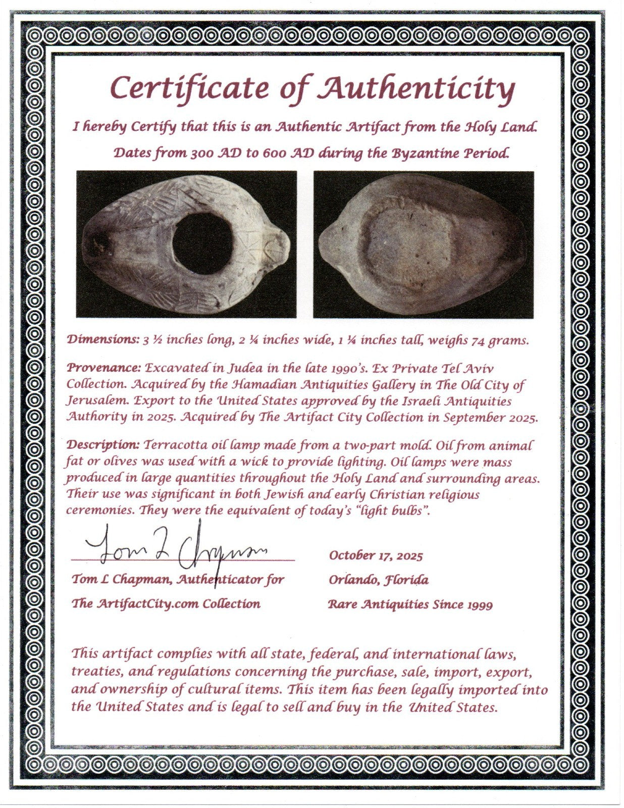 Ancient Holy Land Oil Lamp Artifact Jesus Christ Home 300-600 AD Israel COA 98