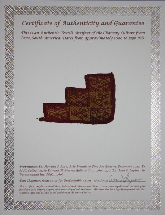 Authentic Pre Columbian Artifact Frameable Textile Border Chancay Peru COA 05