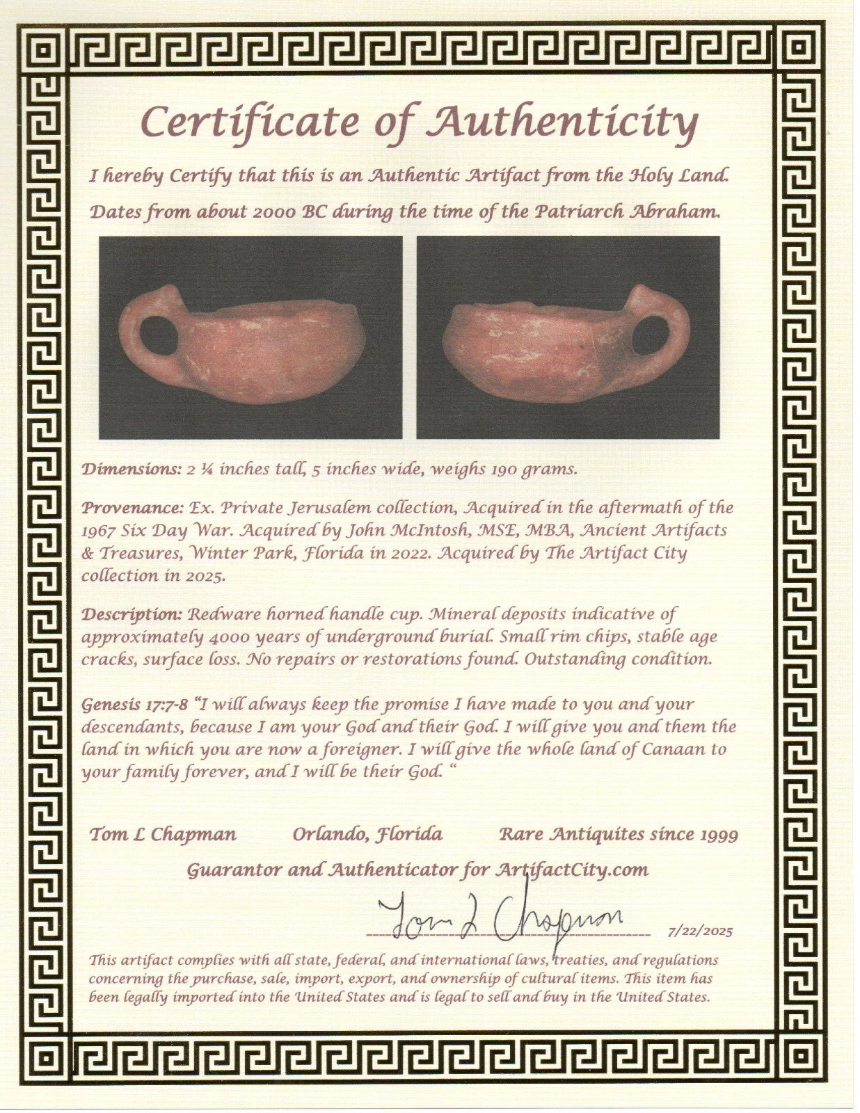 Holy Land Artifact Authentic 4000 Year Old Cup Time of Abraham 2000 BC COA J115
