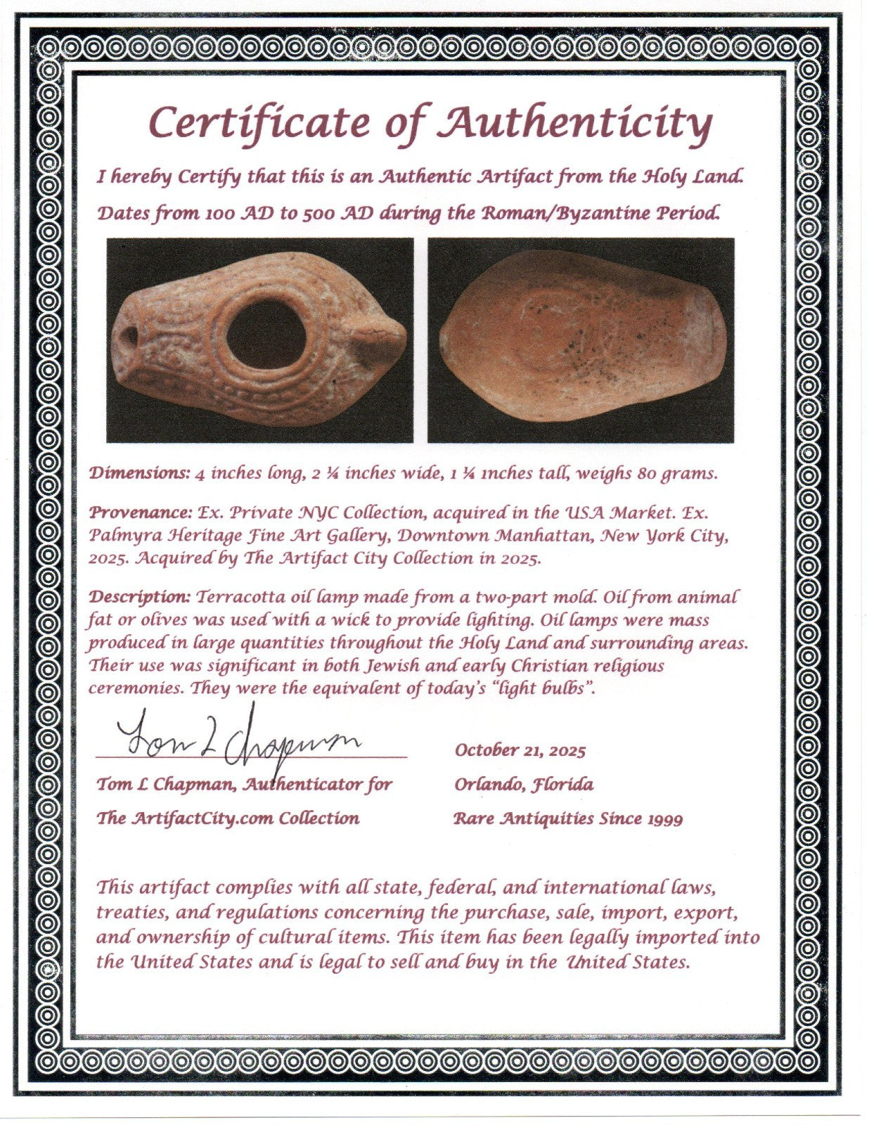 Ancient Holy Land Oil Lamp Artifact From Jesus Christ Home Land 100-500AD COA 65