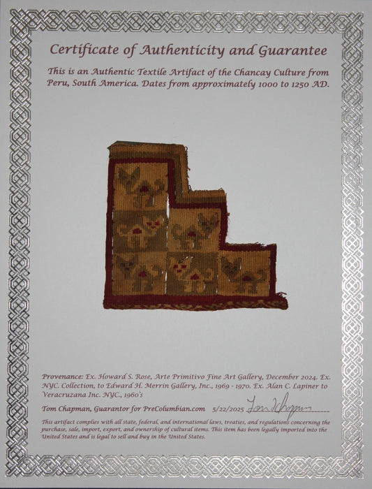 Authentic Pre Columbian Artifact Frameable Textile Border Chancay Peru COA 04