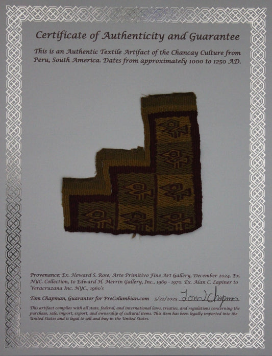 Authentic Pre Columbian Artifact Frameable Textile Border Chancay Peru COA 33