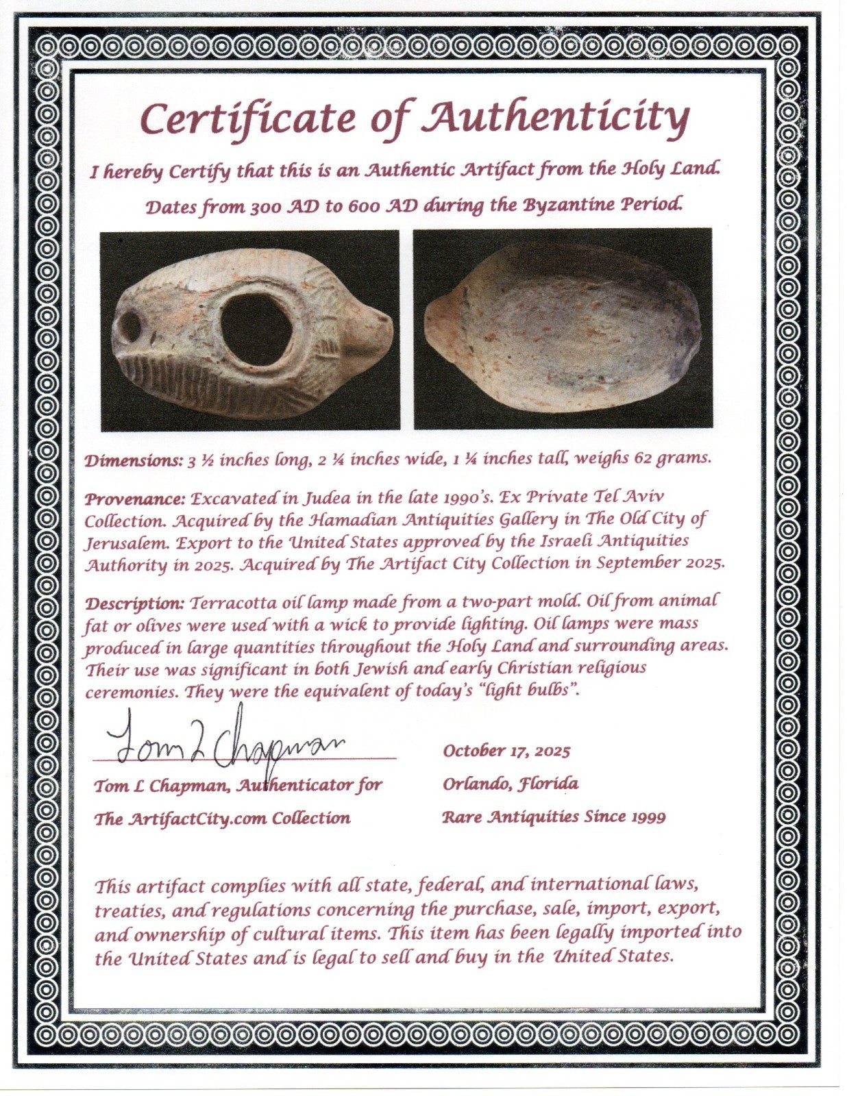 Ancient Holy Land Oil Lamp Artifact Jesus Christ Home Israel 300-600 AD COA 70