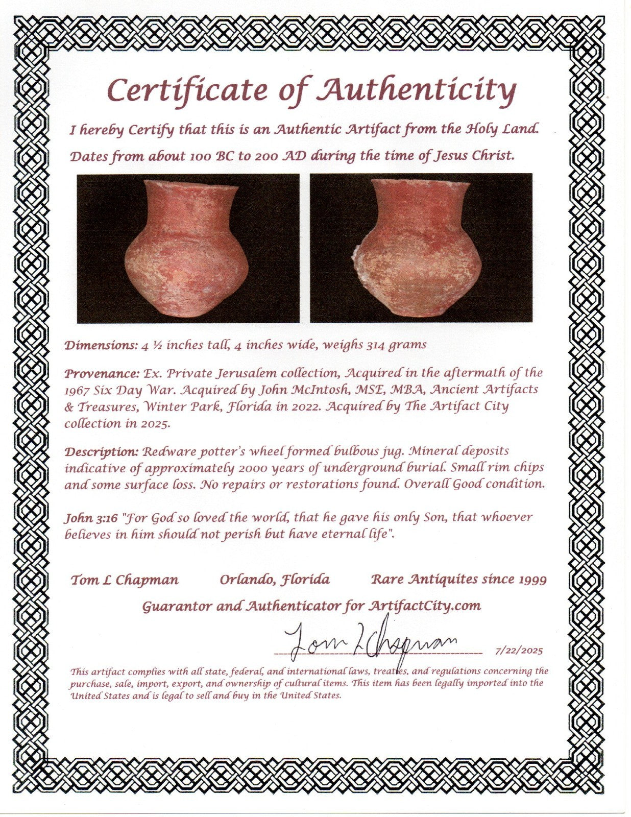 Holy Land Artifact Authentic From Time of Jesus Christ Bowl 100BC-200AD COA J130