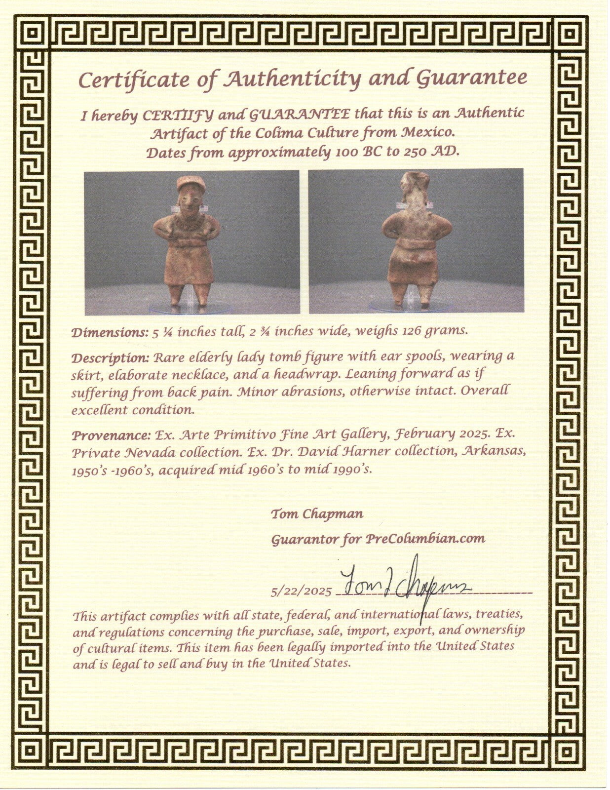 Pre Columbian Authentic Artifact Old Grandma Colima Mexico 100 BC-250 AD COA 151