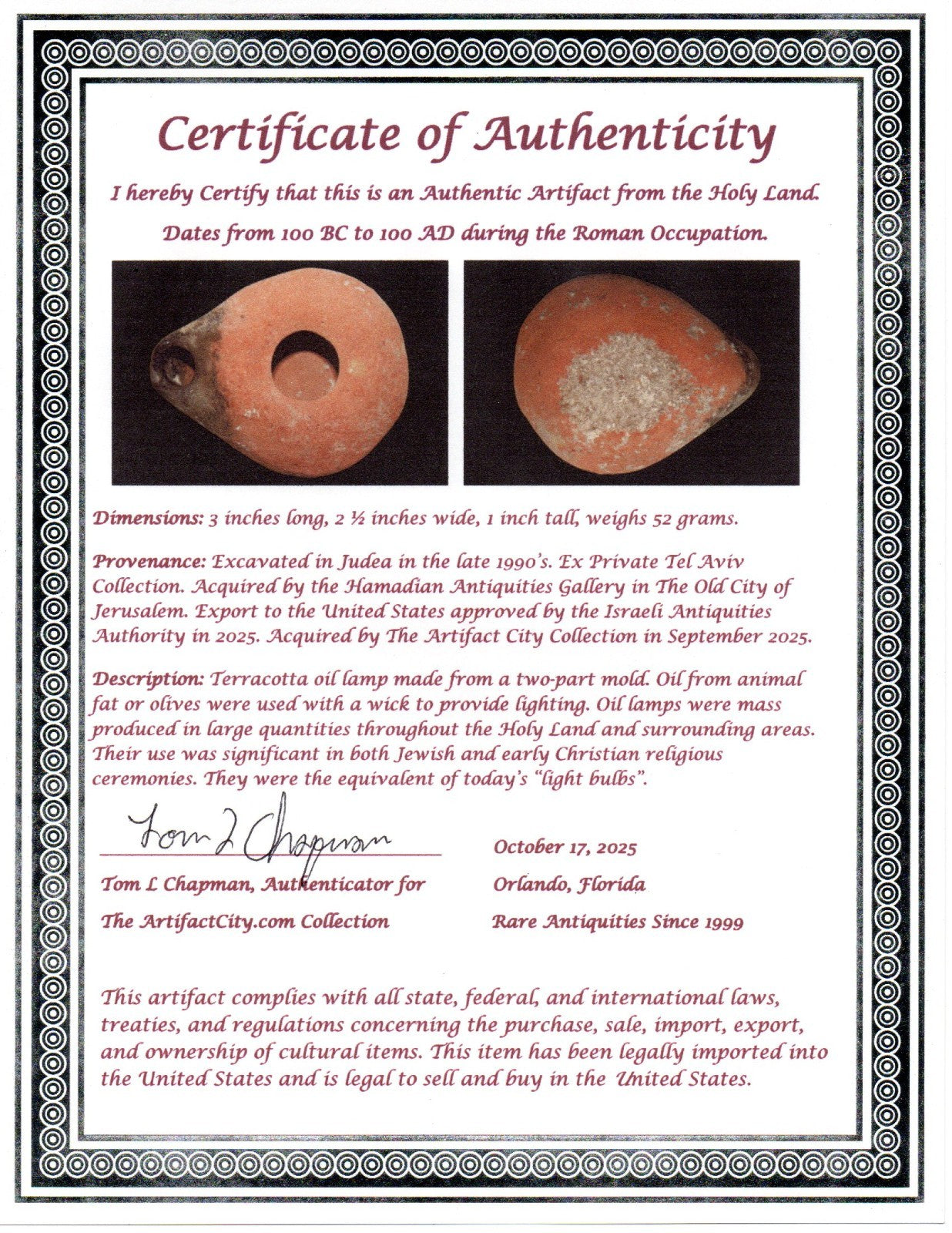 Ancient Holy Land Oil Lamp Artifact Jesus Christ Home Land 100BC-100AD COA 49