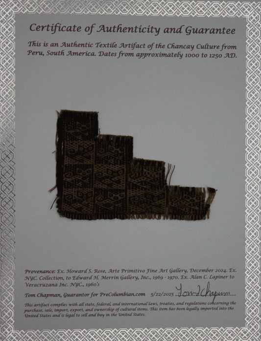 Authentic Pre Columbian Artifact Frameable Textile Border Chancay Peru COA 28