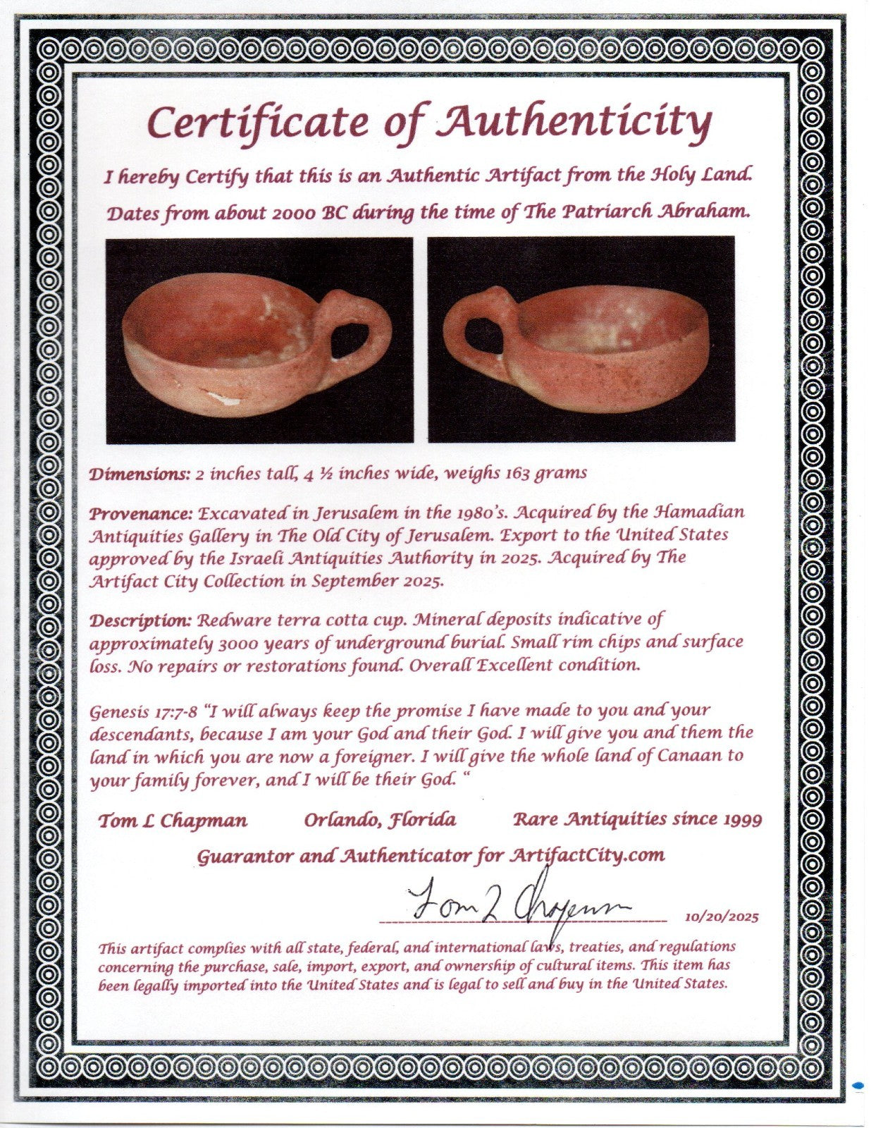 Ancient Holy Land Artifact Time Of Abraham Cup Jesus Christ Home 2000 BC COA 24