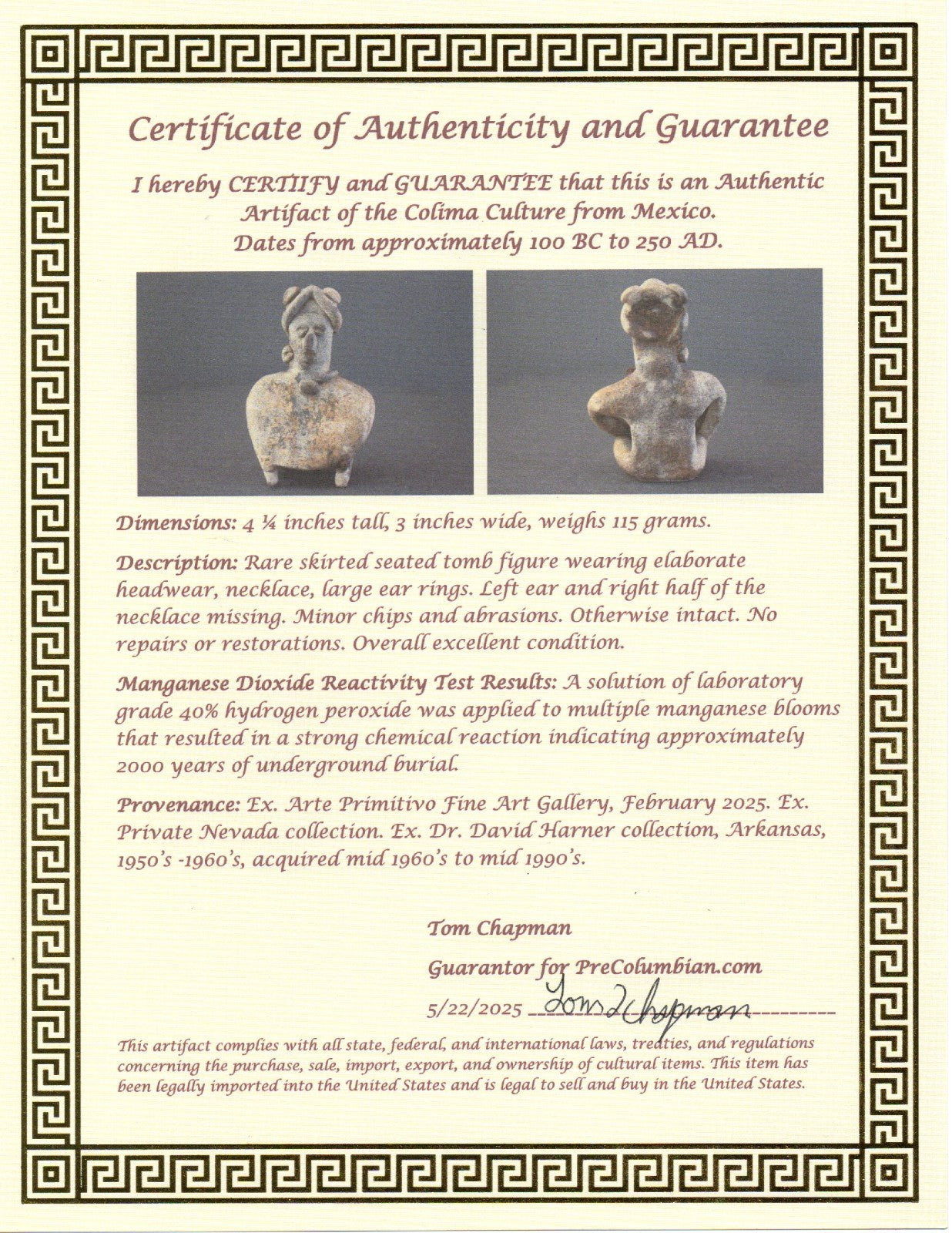 Pre Columbian Authentic Artifact Rare Skirted Tomb Figure Colima Mexico COA 184