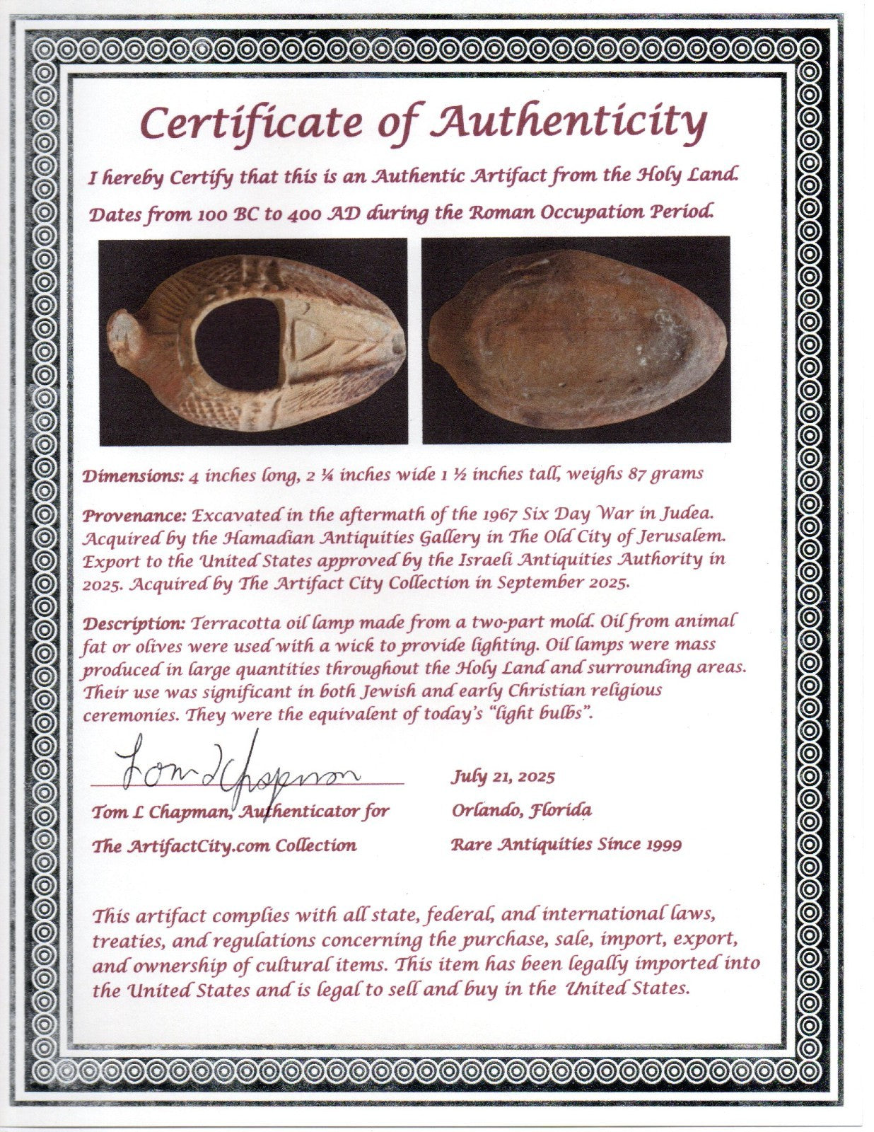 Ancient Holy Land Oil Lamp Artifact Jesus Christ Homeland 100BC-400AD COA 13