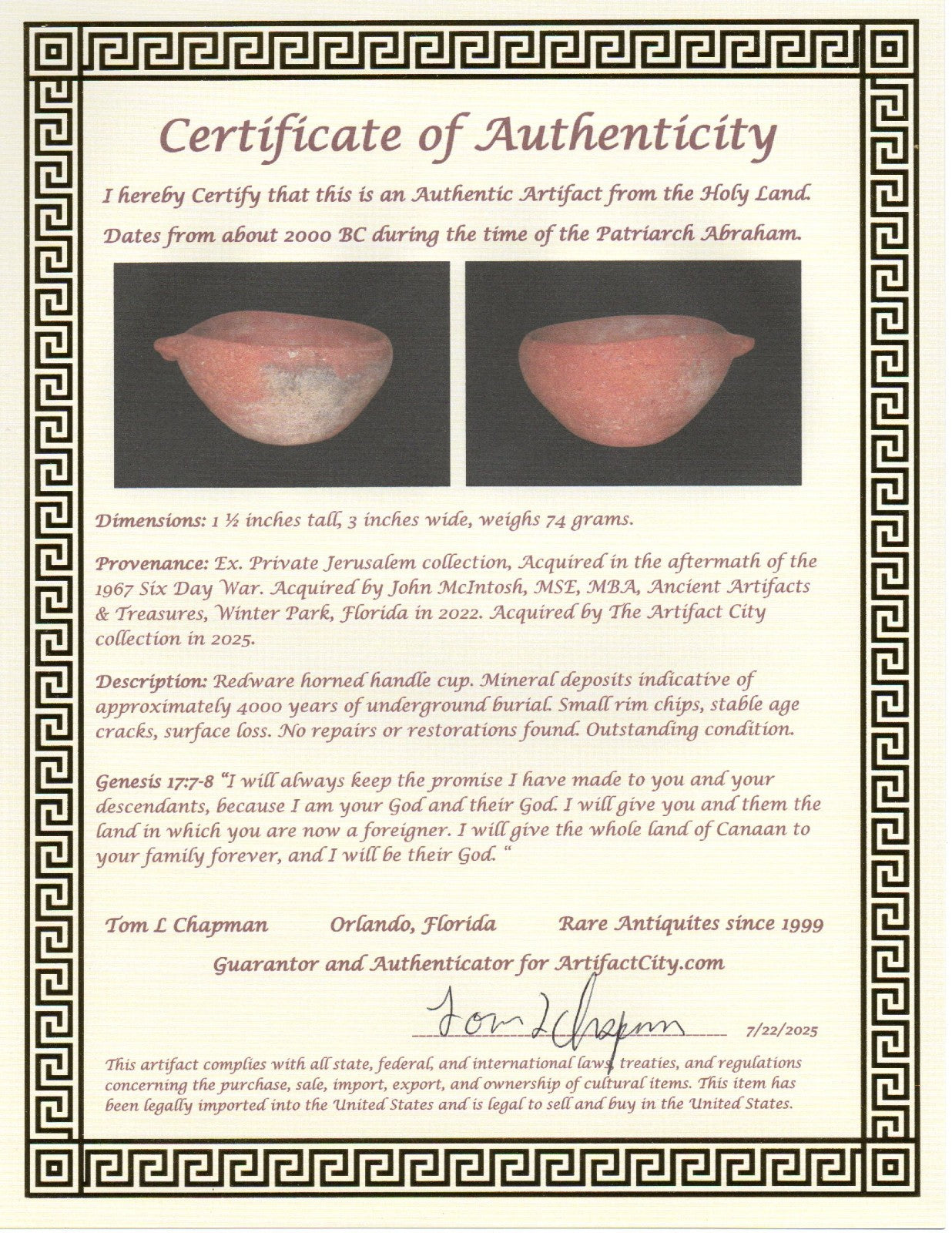 Holy Land Artifact Authentic 4000 Year Old Cup Time of Abraham 2000 BC COA J121