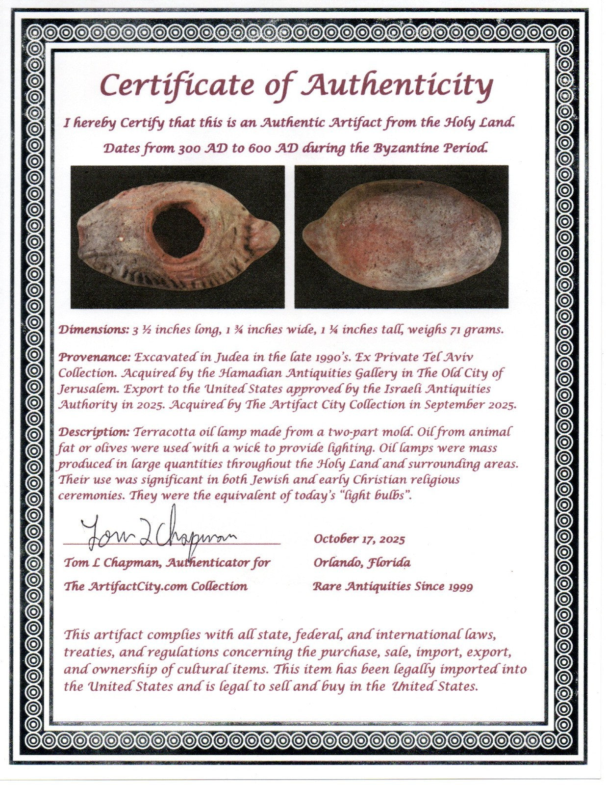 Ancient Holy Land Oil Lamp Artifact Jesus Christ Home Israel 300-600 AD COA 69