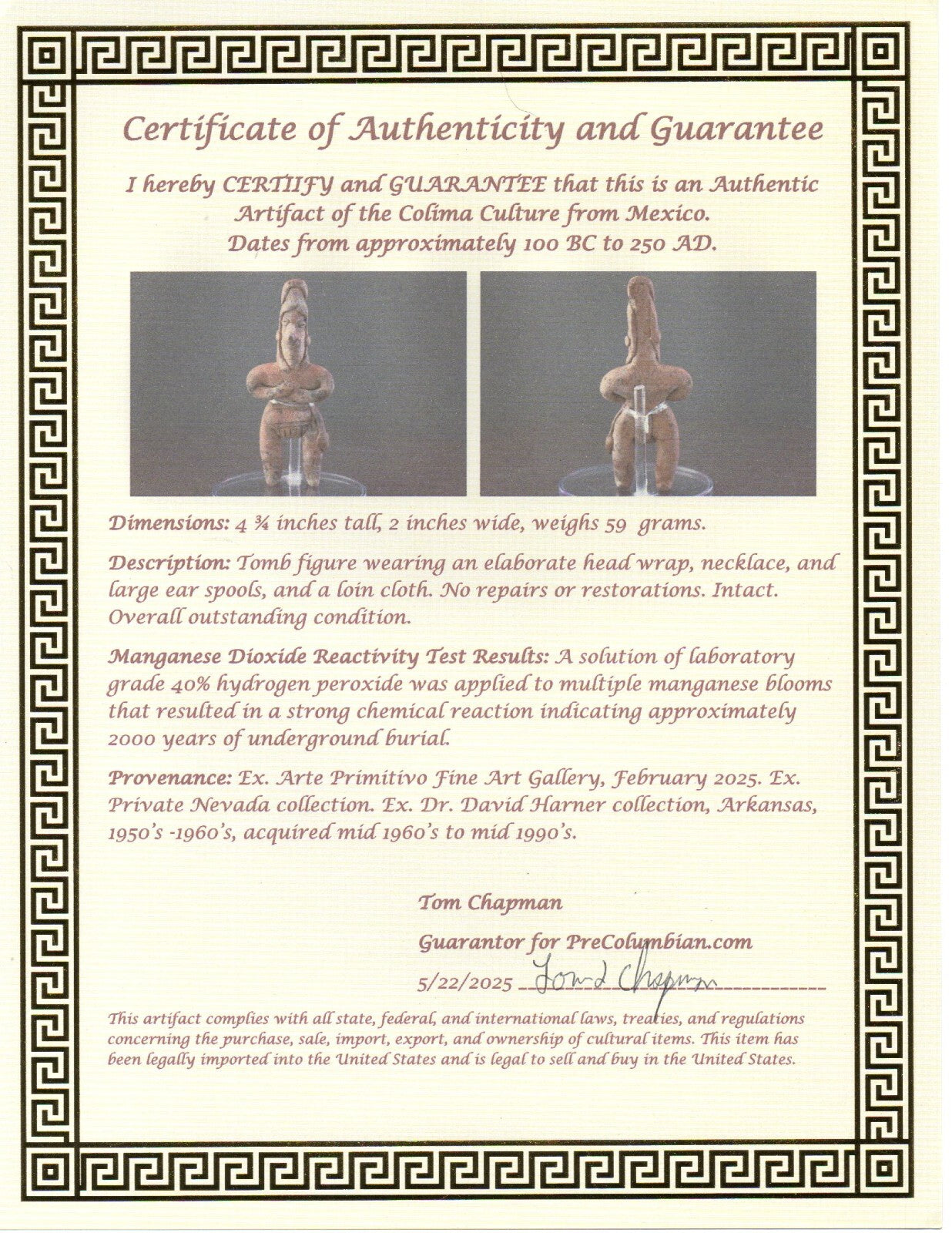 Pre Columbian Authentic Artifact Tomb Figure Colima Mexico 100 BC-250 AD COA 173