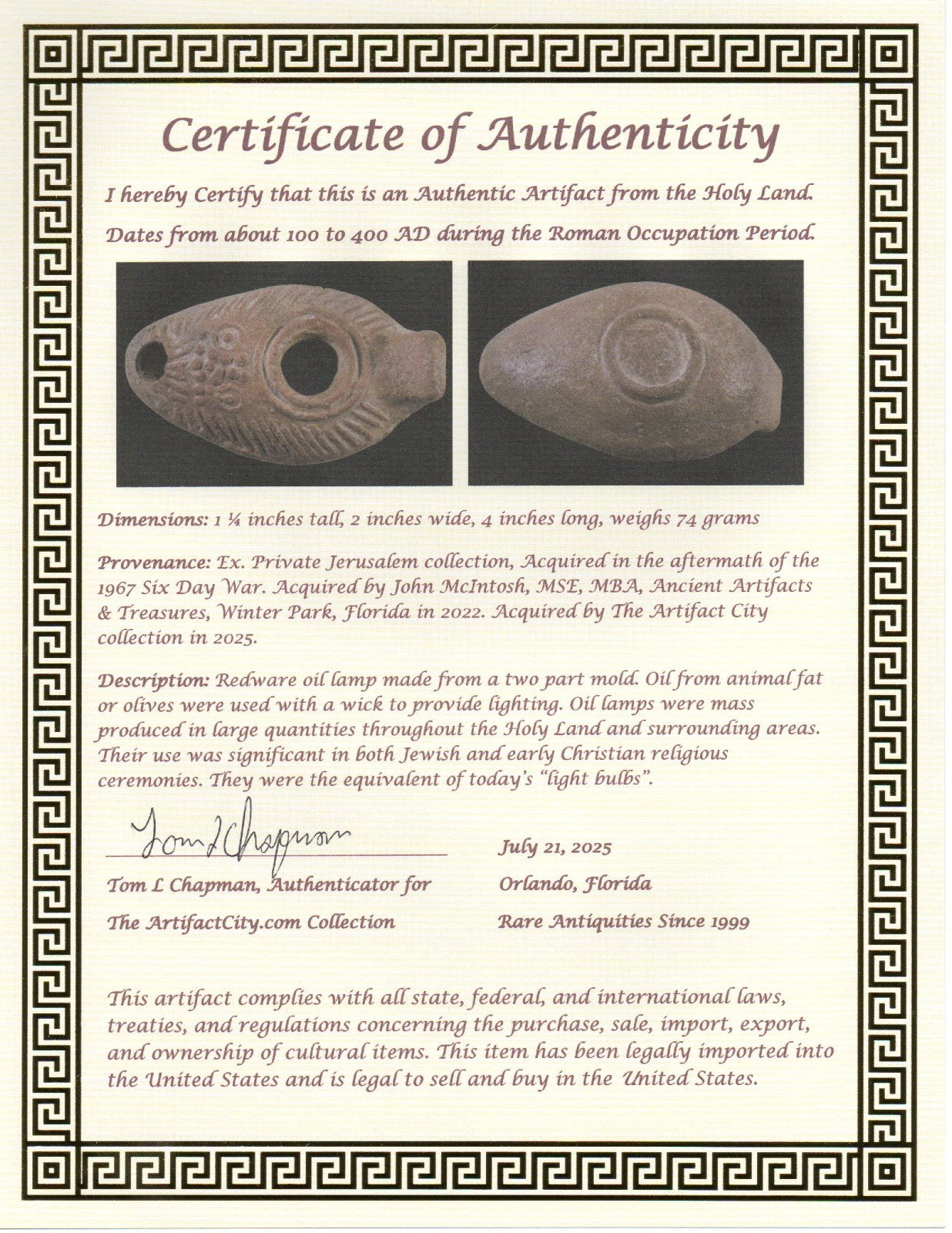 Ancient Holy Land Oil Lamp Artifact Jesus Christ Homeland 100 - 400 AD COA L08