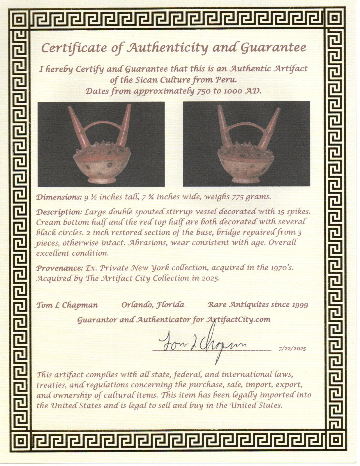 Pre Columbian Artifact Authentic Sican Stirrup Vessel 750-1000 AD Peru COA 220