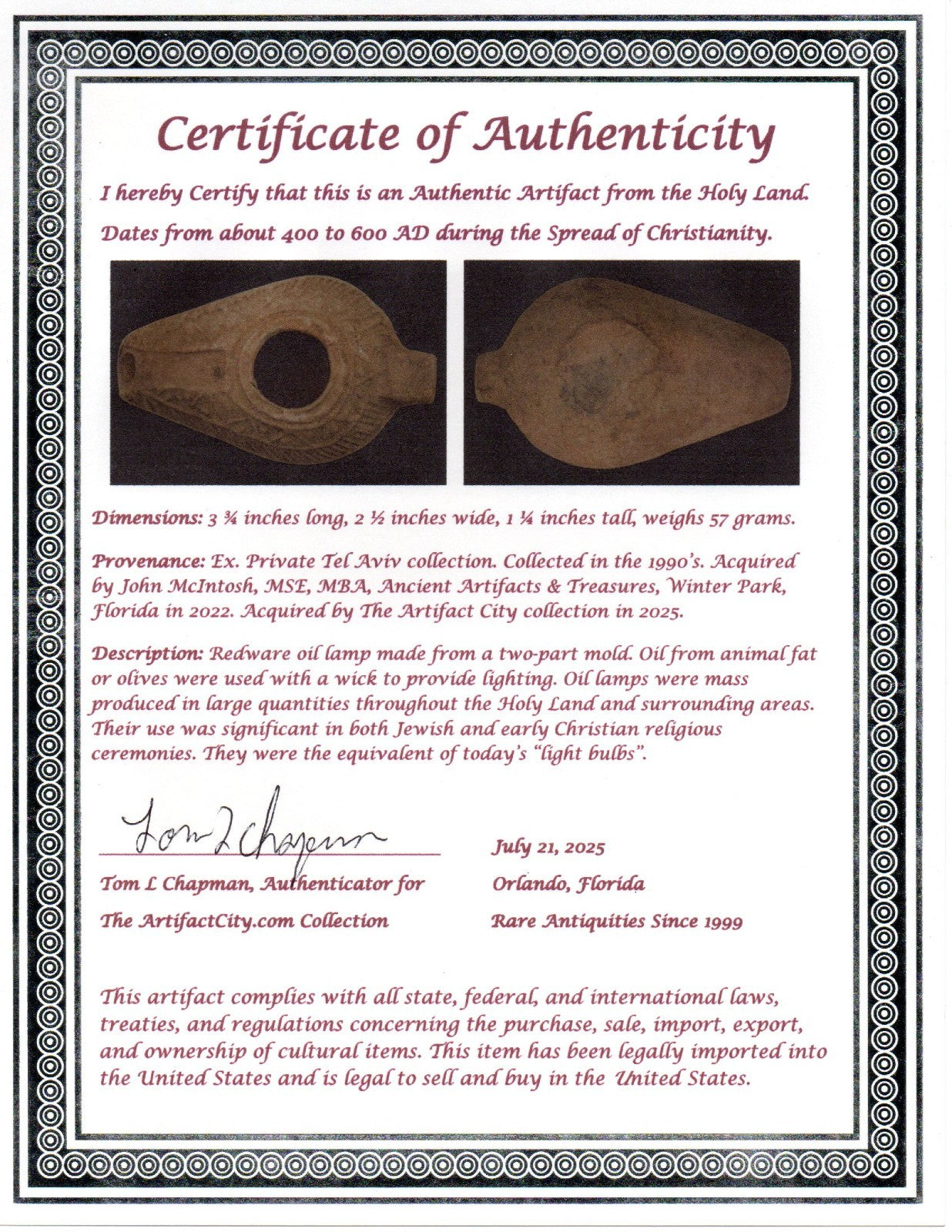 Ancient Holy Land Oil Lamp Artifact  From Jesus Christ Homeland 400-600AD COA 37