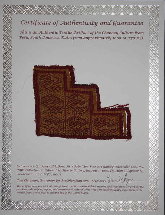Authentic Pre Columbian Artifact Frameable Textile Border Chancay Peru COA 14