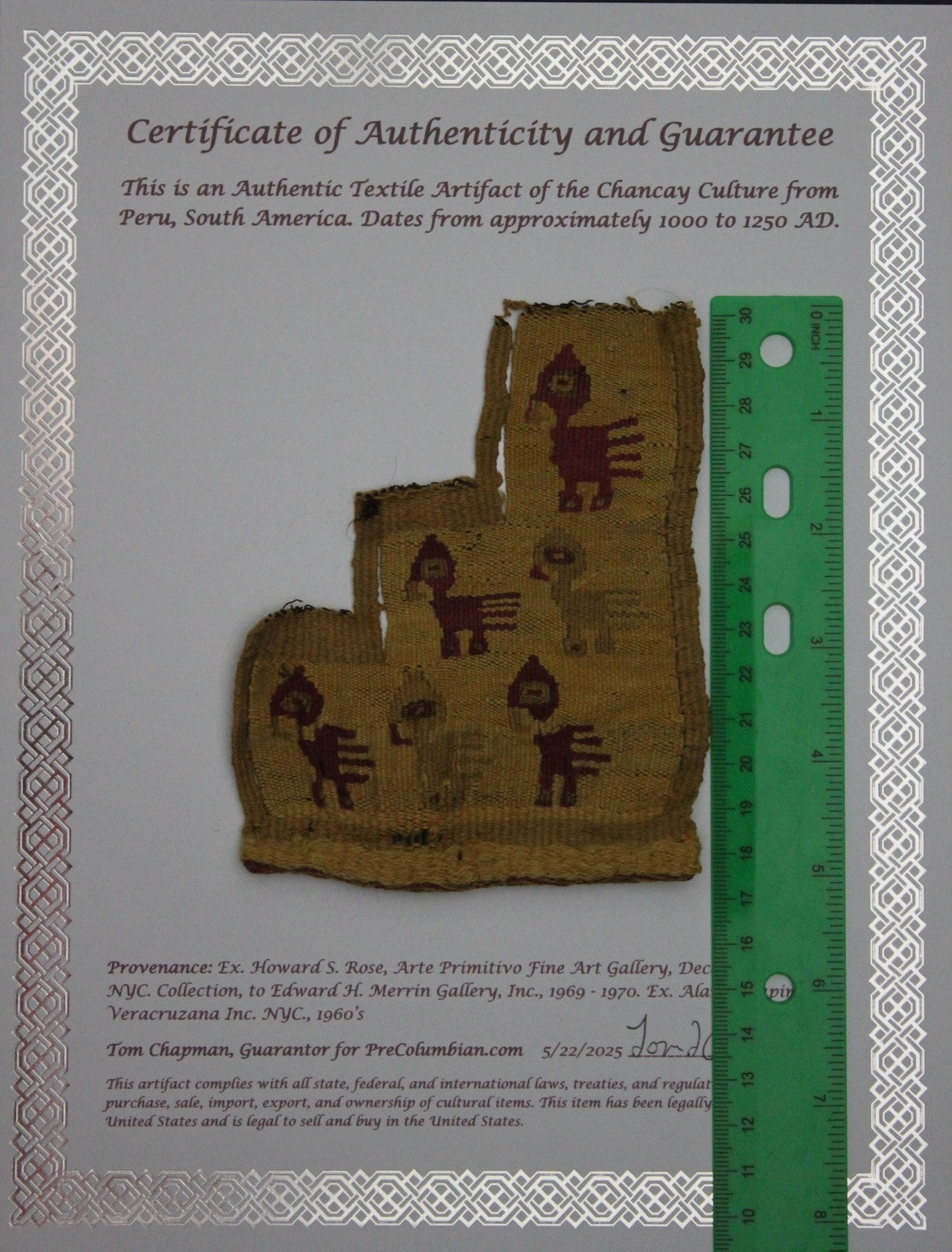 Pre Columbian Artifact Authentic Frameable Textile Border Chancay Peru COA 09