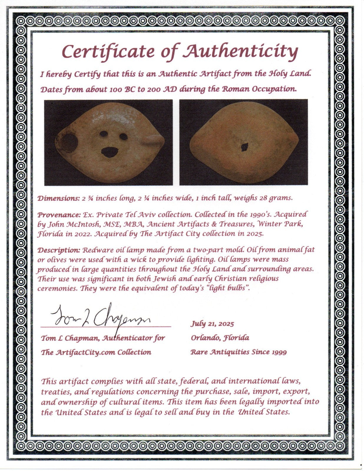 Ancient Holy Land Oil Lamp Artifact Jesus Christ Homeland 100BC-200AD COA 44