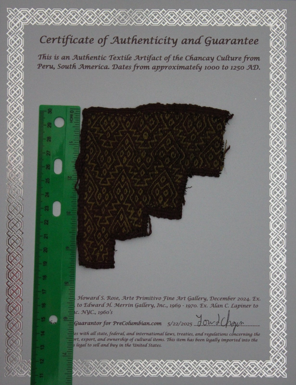 Authentic Pre Columbian Artifact Frameable Textile Border Chancay Peru COA 19