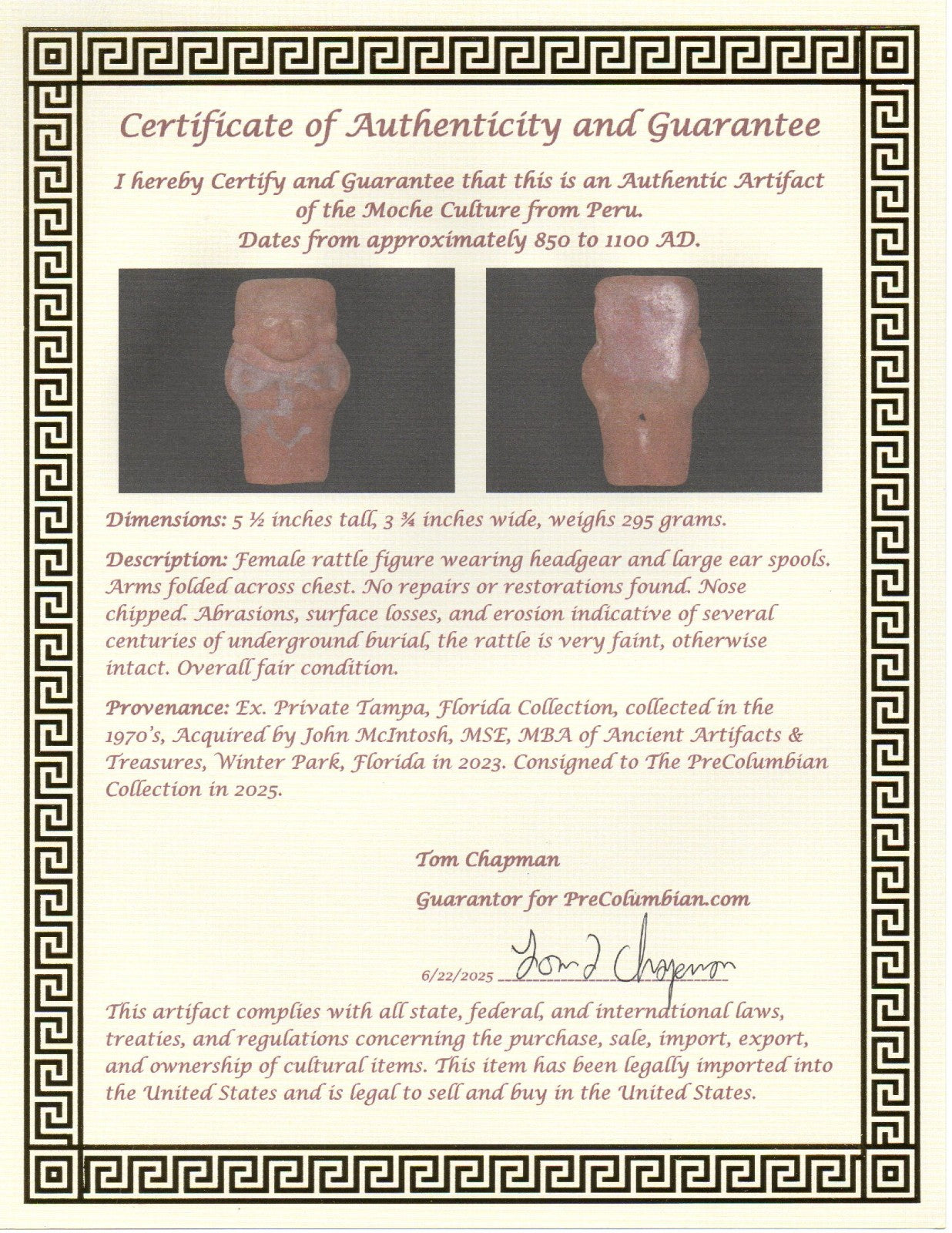 Pre Columbian Authentic Artifact Moche Rattle Figure Peru 850 - 1100 AD COA J34