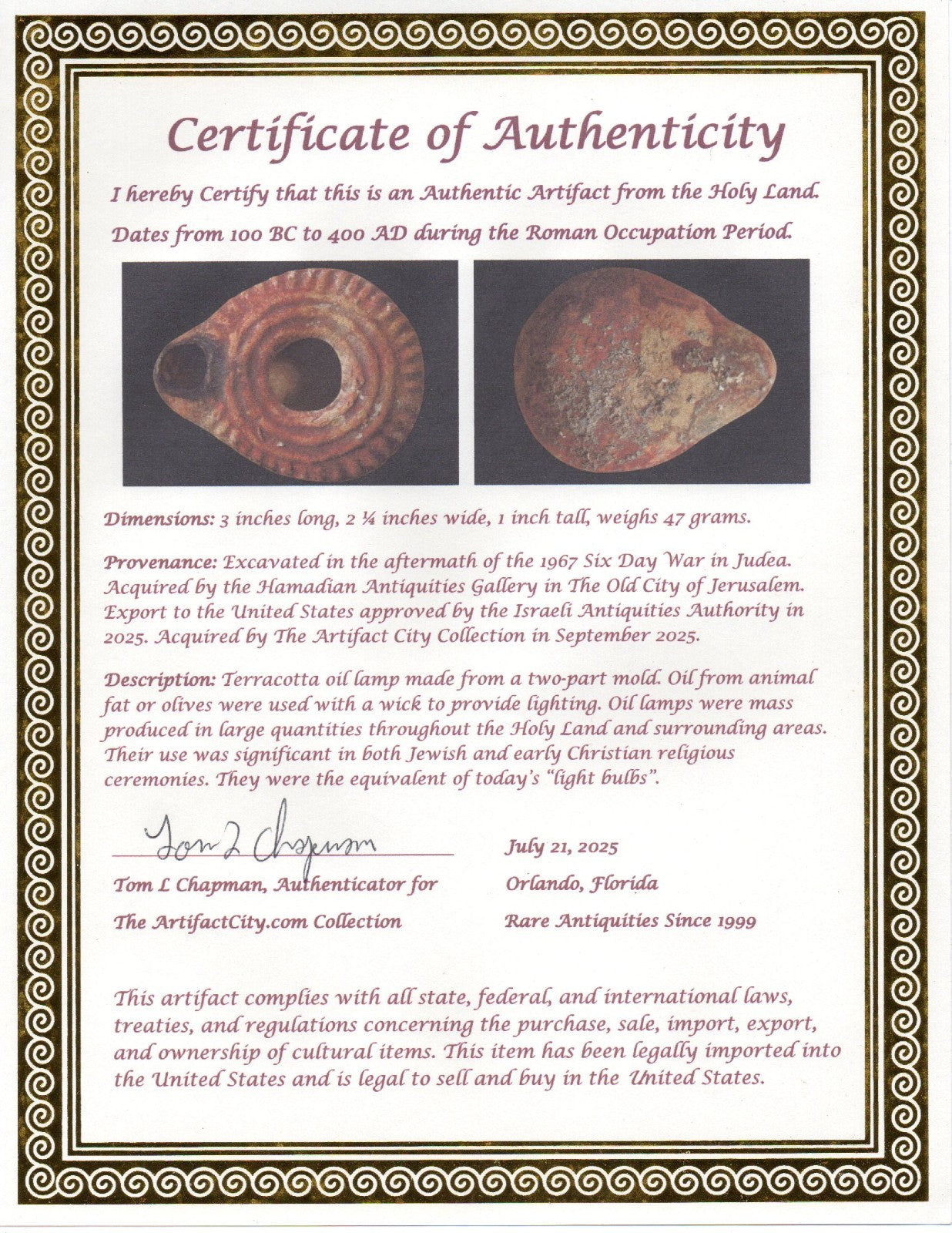 Ancient Holy Land Oil Lamp Artifact Jesus Christ Homeland 100BC-400AD COA 23