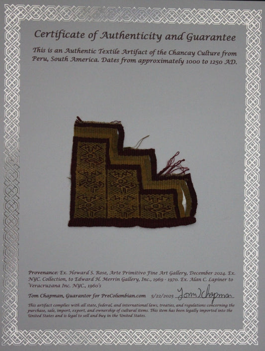 Authentic Pre Columbian Artifact Frameable Textile Border Chancay Peru COA 26