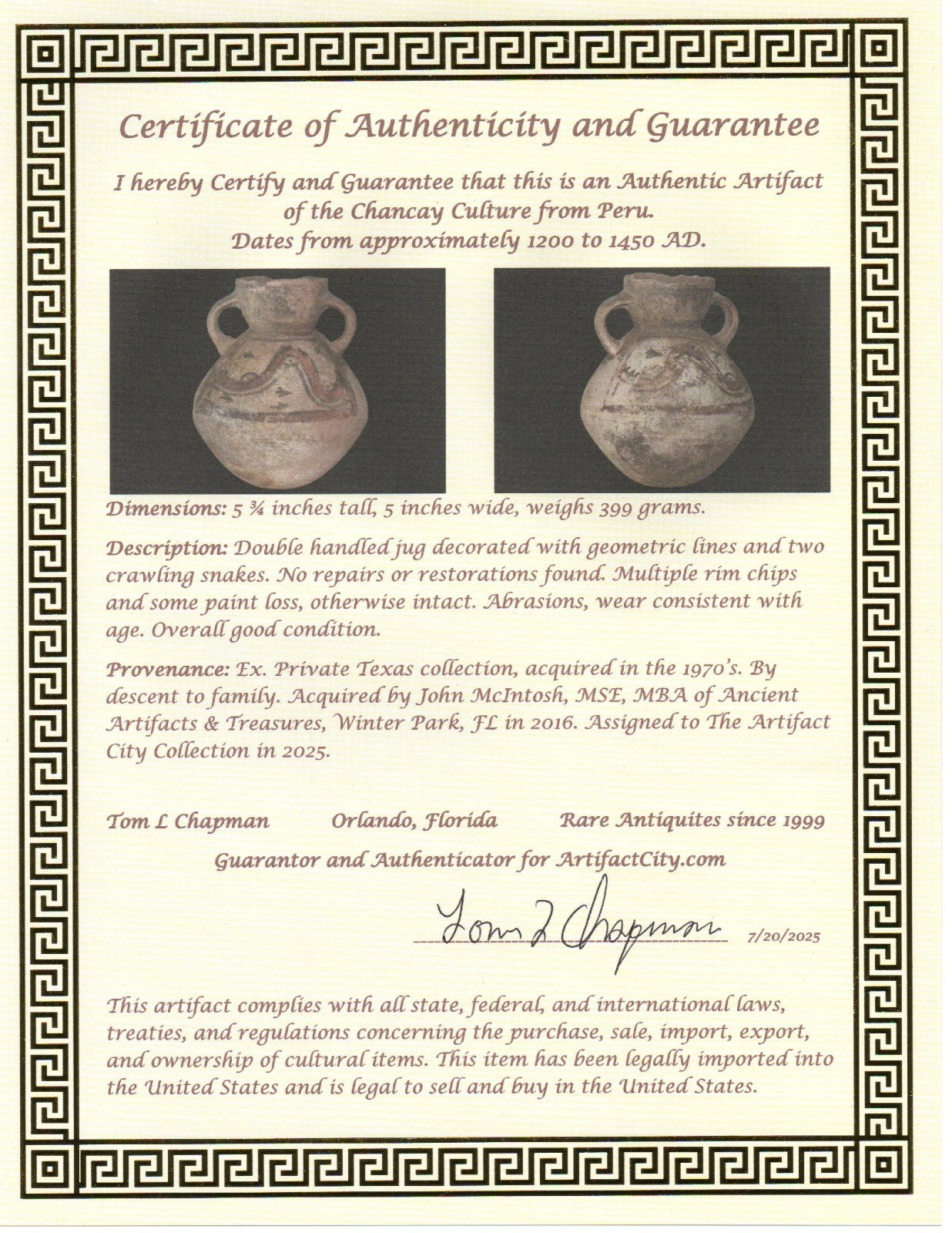 Pre Columbian Authentic Artifact Snake Jug Chancay Peru 1200 -1450 AD COA J103