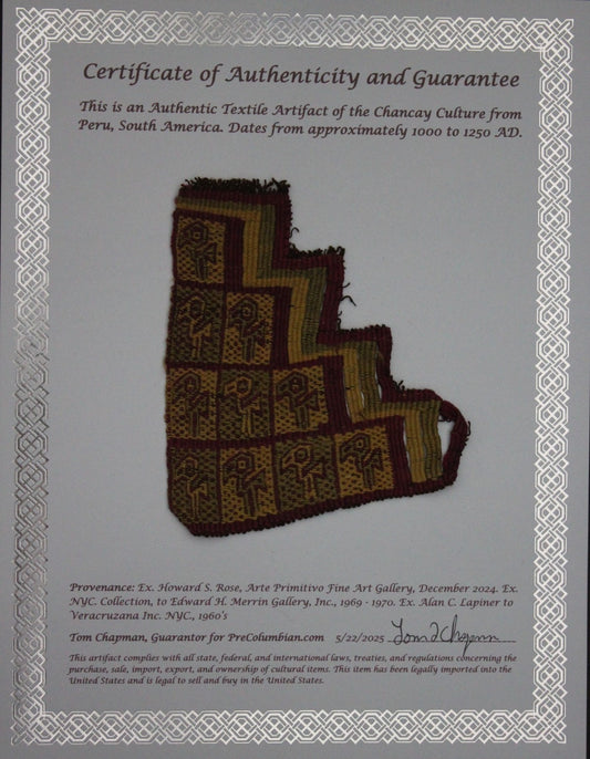 Authentic Pre Columbian Artifact Frameable Textile Border Chancay Peru COA 27