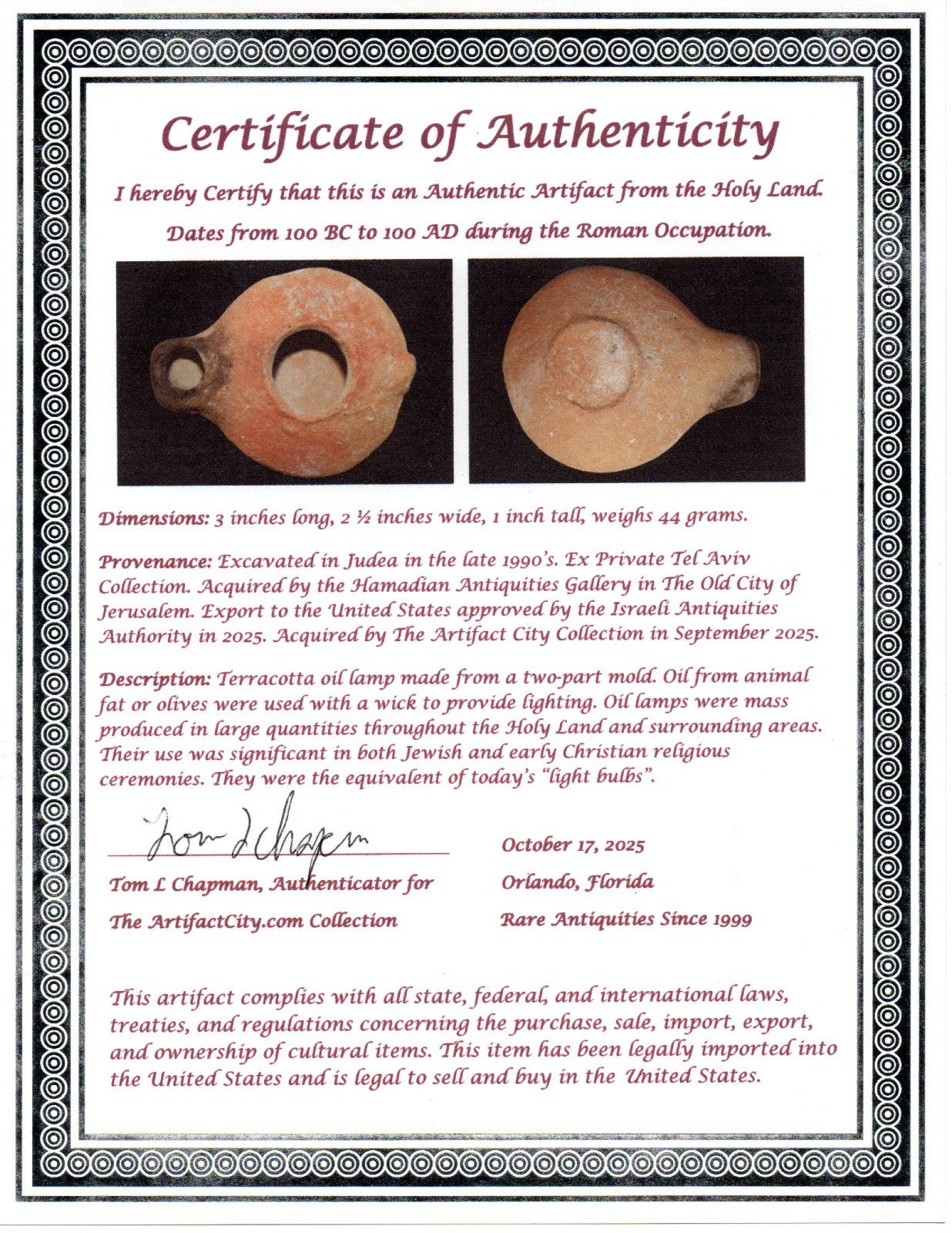 Ancient Holy Land Oil Lamp Artifact Jesus Christ Home Land 100BC-100AD COA 48