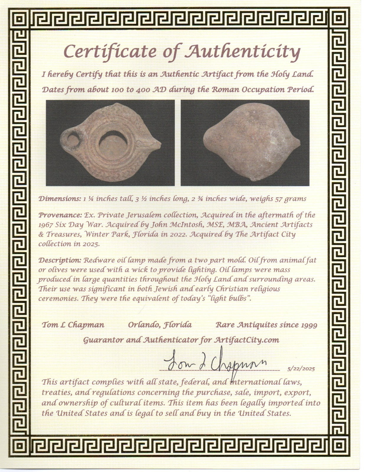 Jesus Christ Homeland Oil Lamp Authentic Holy Land Artifact 100-400 AD COA J111