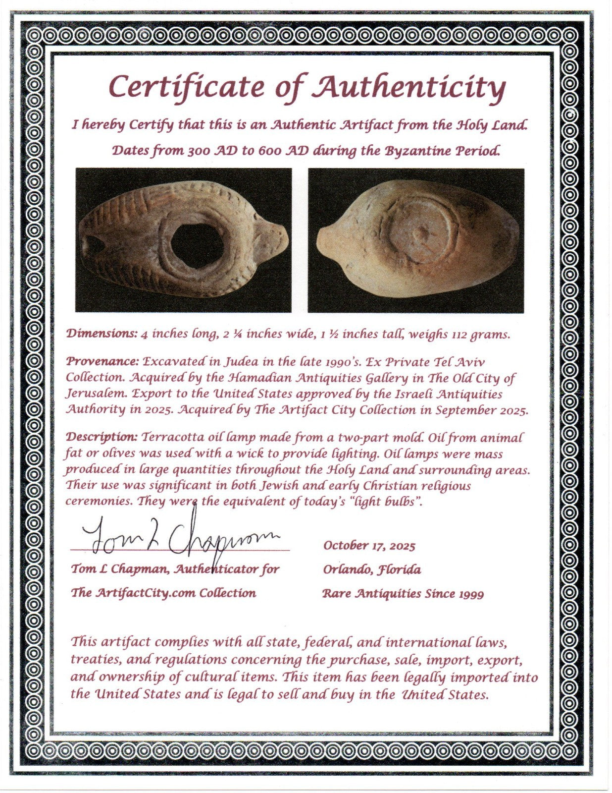 Ancient Holy Land Oil Lamp Artifact Jesus Christ Home 300-600 AD Israel COA 99