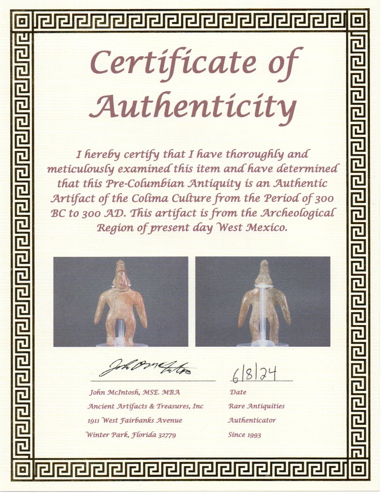 Pre Columbian Artifact Colima Shaman Mexico 300BC-300AD Certified COA J12