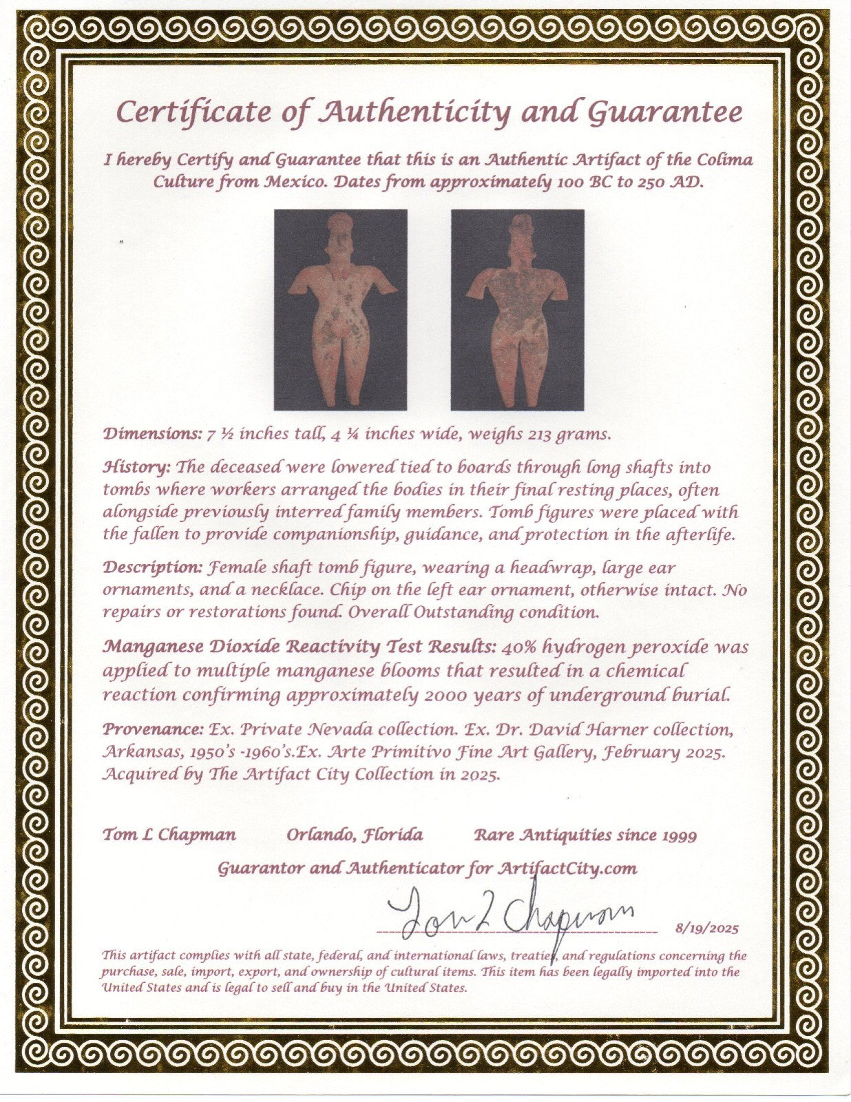 Pre Columbian Artifact 7 in Female Shaft Tomb Figure Colima Mexico 100BC COA 270