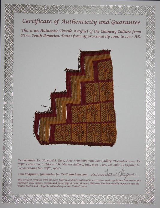 Authentic Pre Columbian Artifact Frameable Textile Border Chancay Peru COA 15