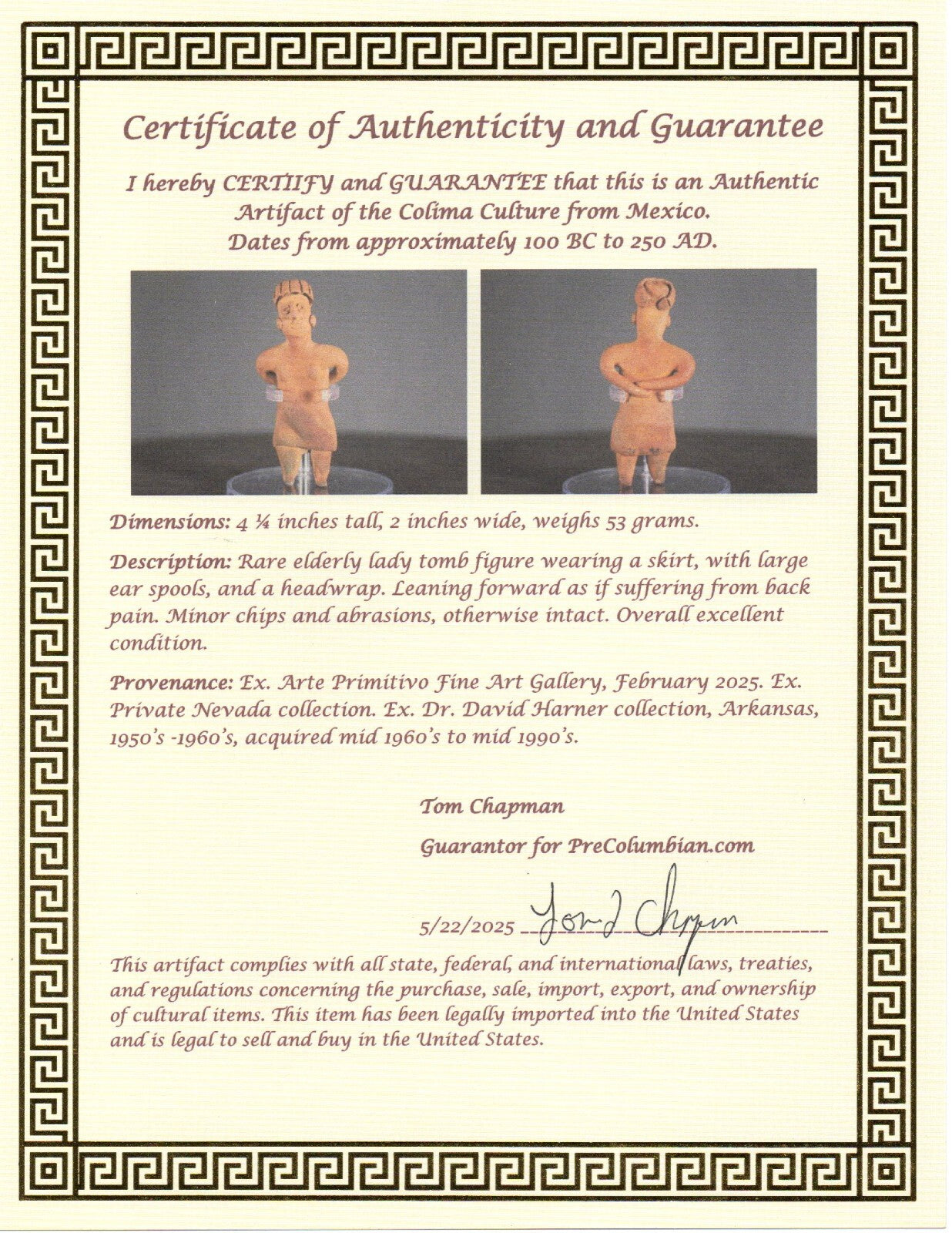 Pre Columbian Artifact Authentic Rare Grandma Tomb Figure Colima Mexico COA 143