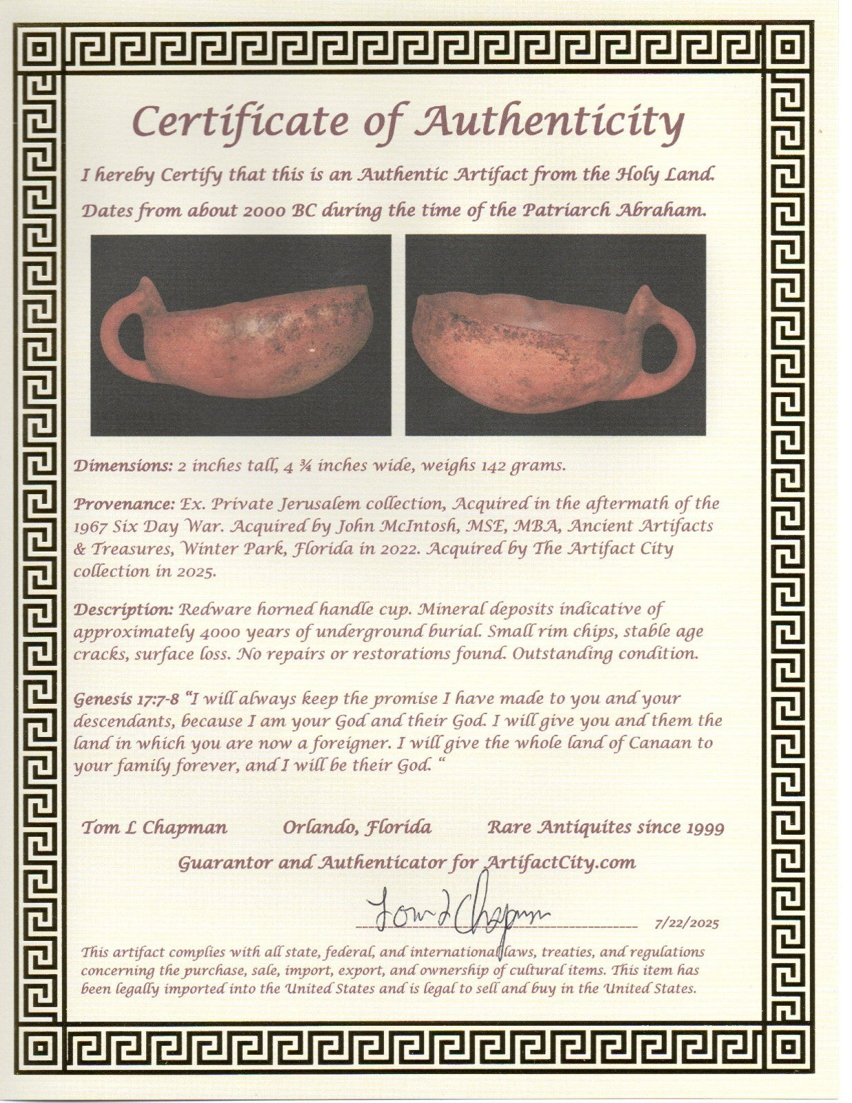 Holy Land Artifact Authentic 4000 Year Old Cup Time of Abraham 2000 BC COA J113