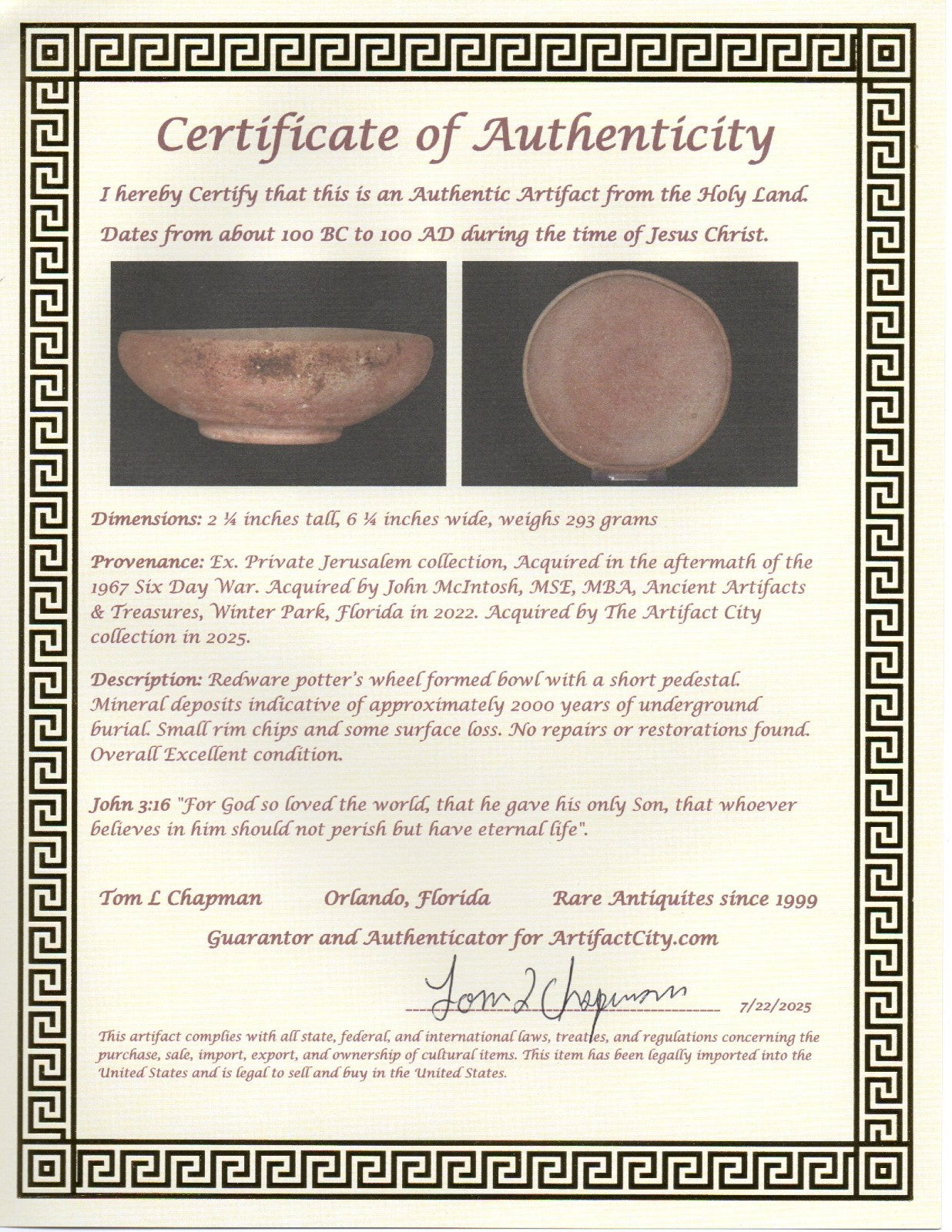 Holy Land Artifact Authentic From Time of Jesus Christ Bowl 100BC-100AD COA J127