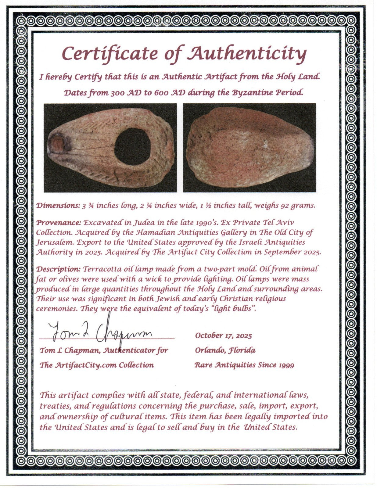 Ancient Holy Land Oil Lamp Artifact Jesus Christ Home Israel 300-600 AD COA 78