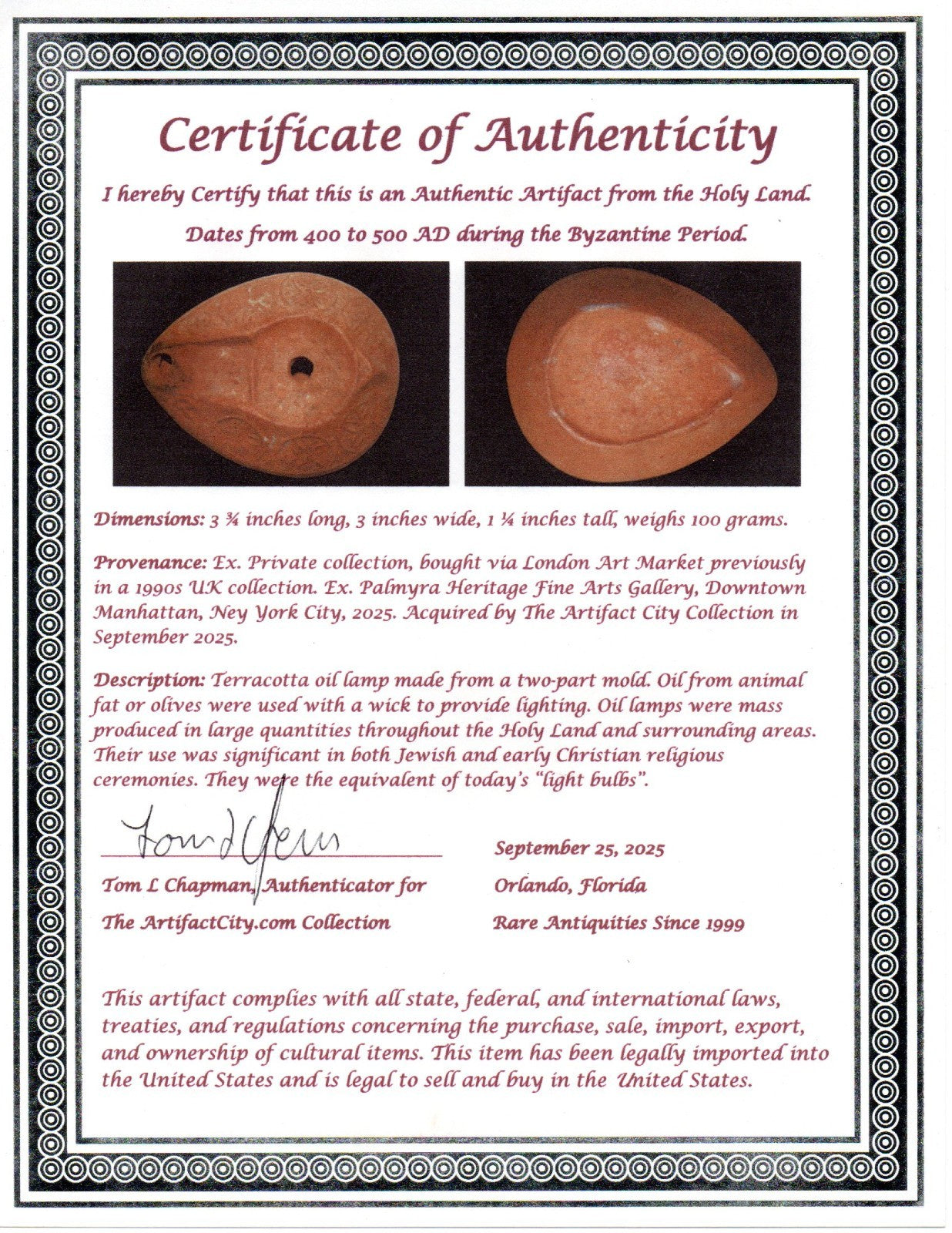 Large Holy Land Oil Lamp Ancient Artifact Jesus Christ Homeland 400-500AD COA 26