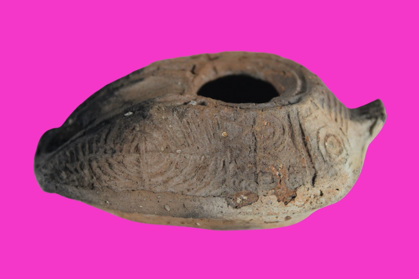 Ancient Holy Land Oil Lamp Artifact 2 Hidden Christian Crosses 300-600AD COA 112