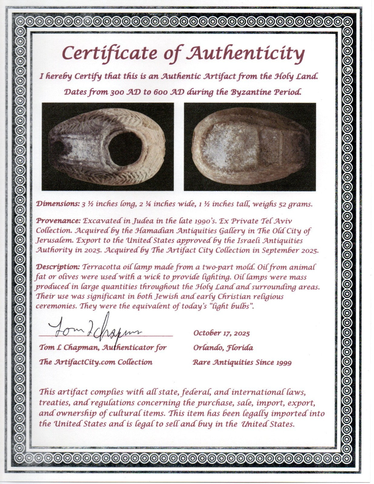 Ancient Holy Land Oil Lamp Artifact 2 Hidden Christian Crosses 300-600 AD COA 87