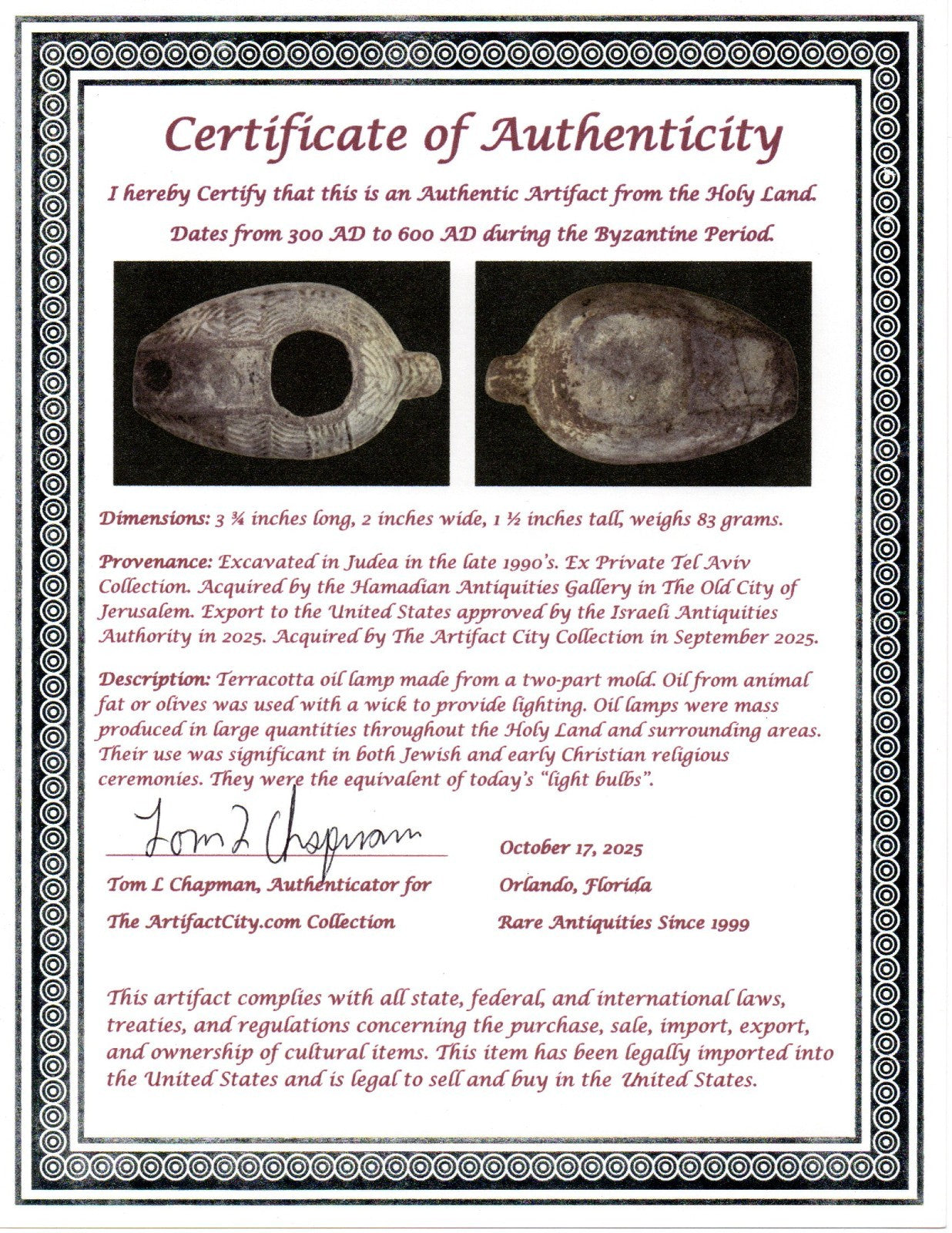 Ancient Holy Land Oil Lamp Artifact Jesus Christ Home Israel 300-600 AD COA 103