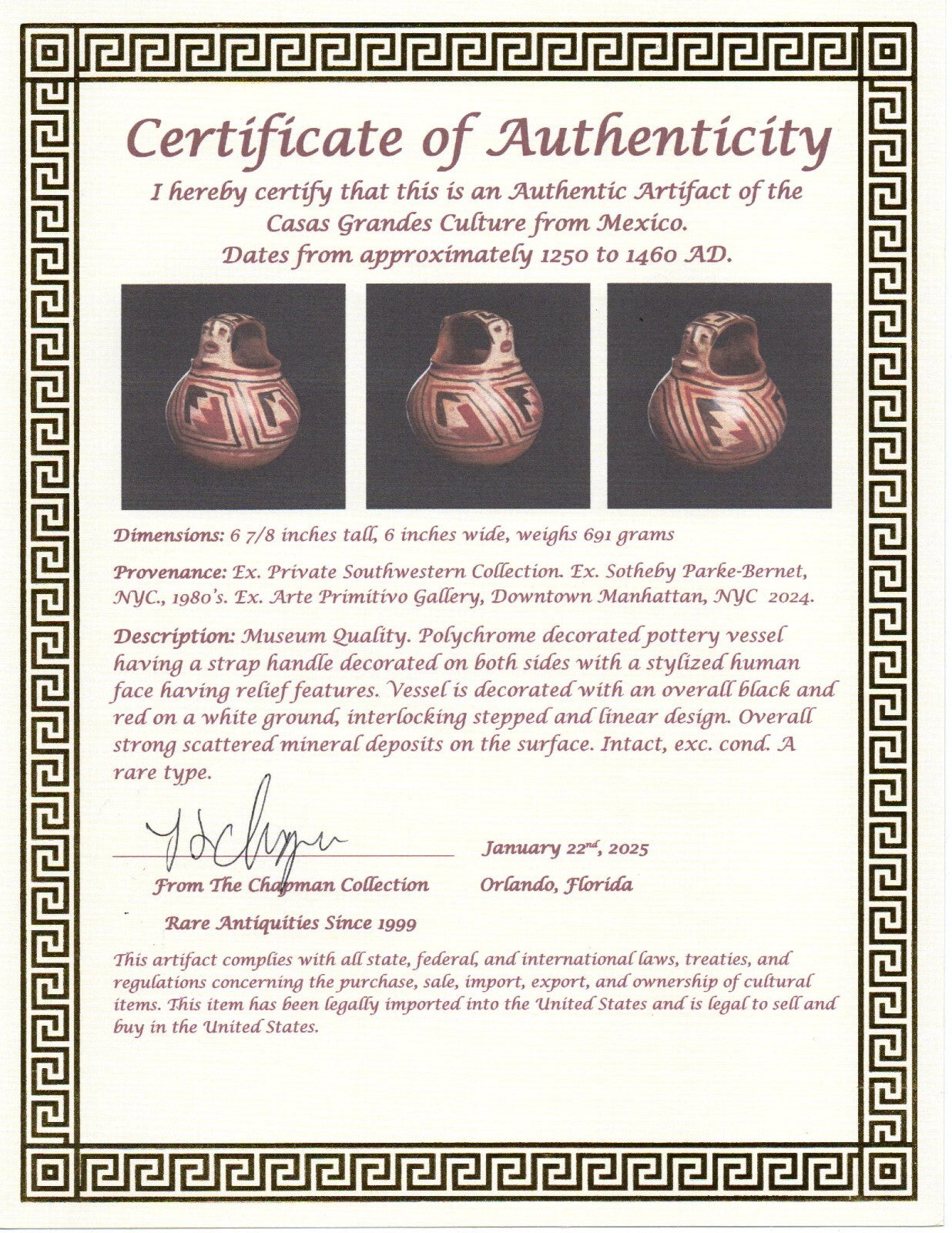 Rare Ex Sotheby's Authentic Pre Columbian Artifact Casas Grandes Bowl COA T116