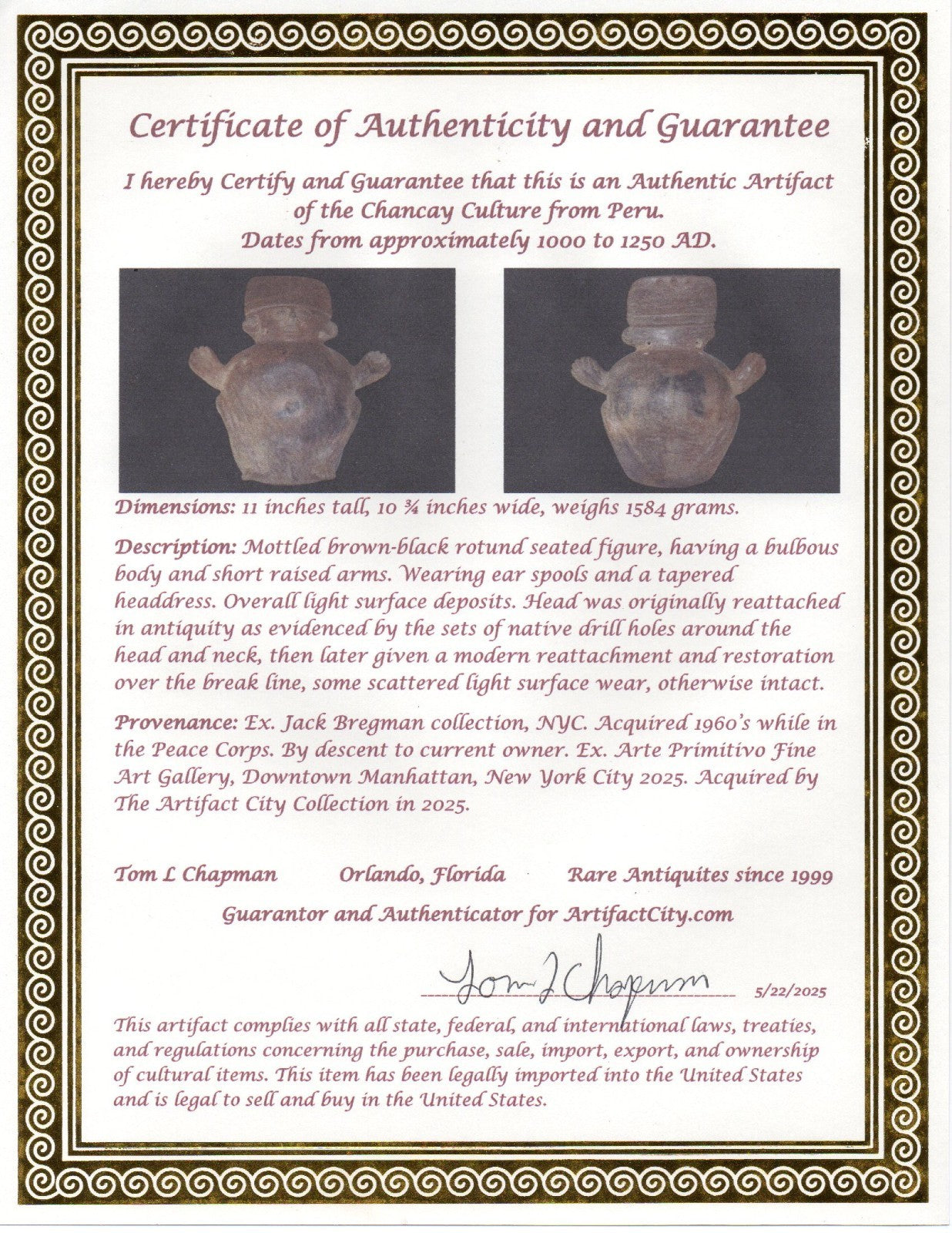 Pre Columbian Artifact Chancay 11 Inch Rotund Figure 1000-1250 AD  Peru COA 264